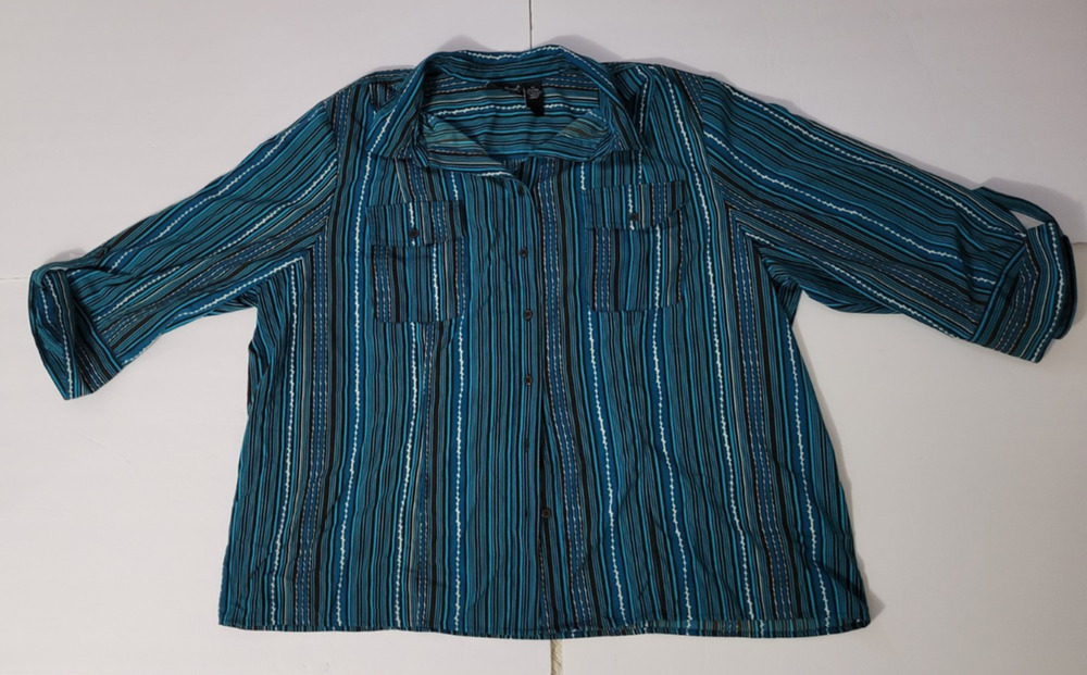 Maggie Barnes Womens 3X 26/28W Teal Striped Pearl Snap Western 3/4 Sleeve Shirt